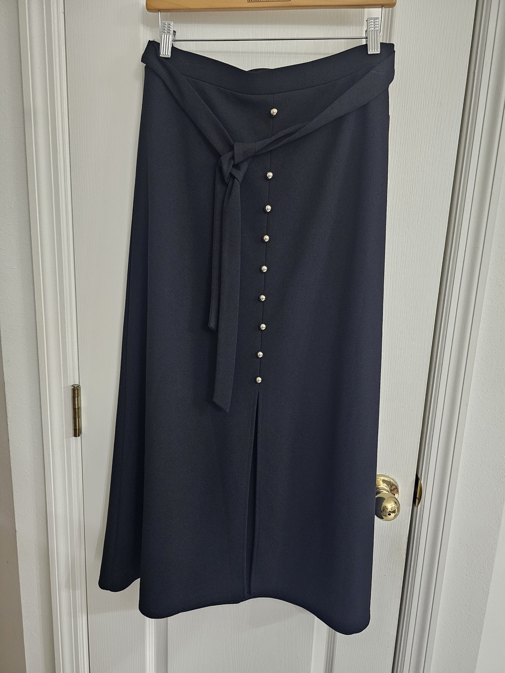 Pearl-Button Black Maxi Skirt with Self-Tie Waist